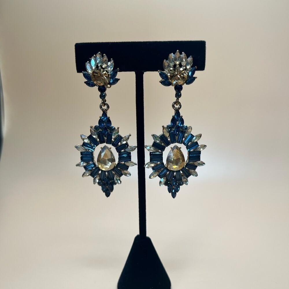 RHINESTONE DANGLE FORMAL ELEGANT CLIP ON EARRINGS WOMENS NAVY BLUE